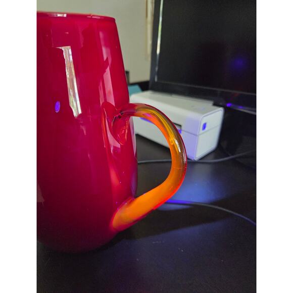 Amberina Red Glass Pitcher 8.75" Handblown Art Glass with Amber Handle Vintage - Picture 8 of 10